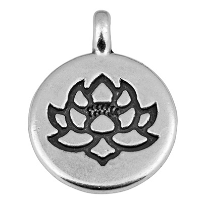 Pendentif métal rond, Lotus, fleur, 15 mm, argenté 