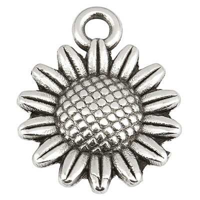Metal pendant sunflower, 15 mm, silver plated 