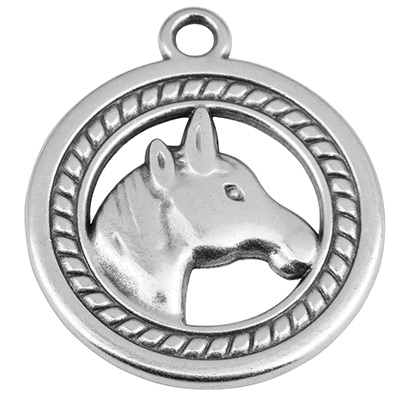 Metal pendant round, horse, 25 mm, silver plated 
