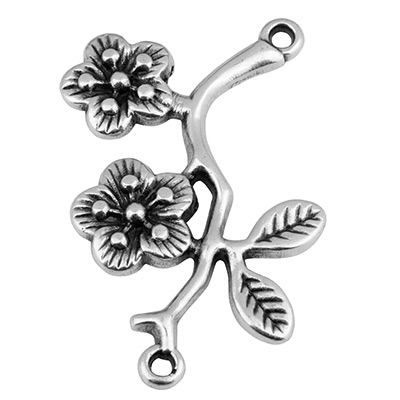 Bracelet connector branch with flowers, 19 x 25 mm, silver plated 