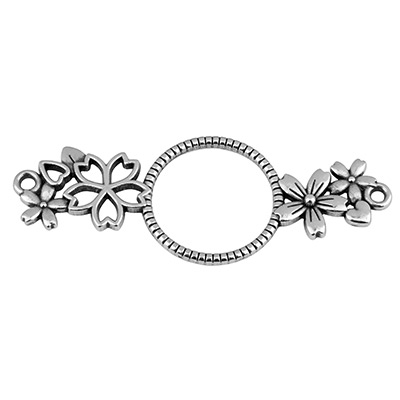 Bracelet connector round with flower, 58 x 23 mm, silver plated 