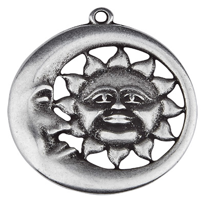 Pendentif métal rond avec motif lune-soleil, 30 x 26 mm, argenté 