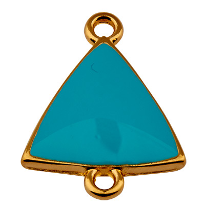 Bracelet connector triangle with 2 eyelets, gold plated and turquoise blue enamelled 