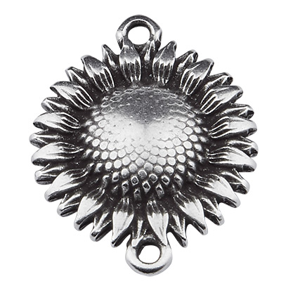 Bracelet connector sunflower with 2 eyelets, silver plated 