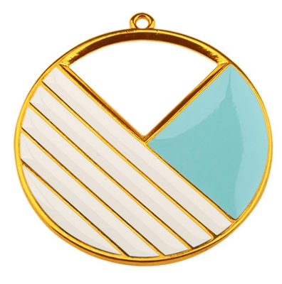 Metal pendant round with lines, 43 mm, gold-plated and enamelled turquoise blue and white 