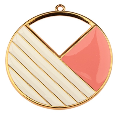 Metal pendant round with lines, 43 mm, gold-plated and enamelled pink and white 