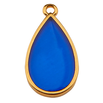 Metal pendant drop, 22.5 x 11.5 mm, Vitraux, glass colour: dark blue, gold-plated 