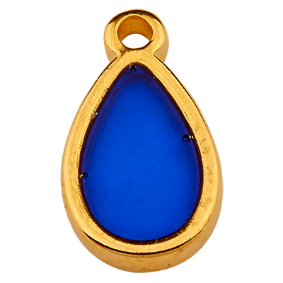 Metal pendant drop, 15 x 8.5 mm, Vitraux, glass colour: dark blue , gold-plated 