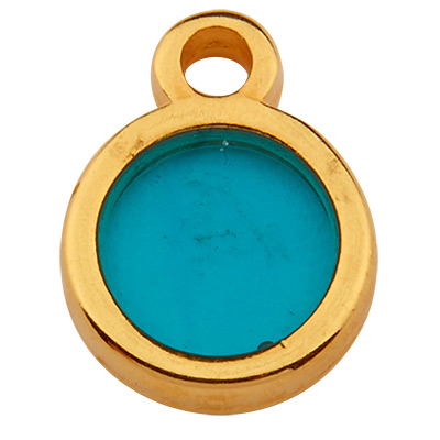 Pendentif métal rond, 8,0 mm, Vitraux, couleur du verre : turquoise, doré 