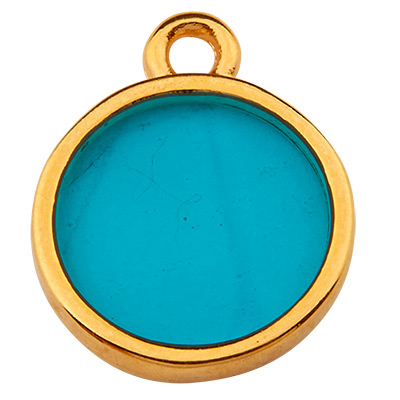 Metal pendant round, 11.5 mm, Vitraux, glass colour: turquoise, gold-plated 