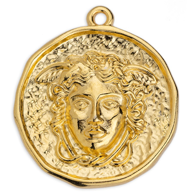 Metal pendant round, with medusa motif, 25 x 28 mm, gold-plated 