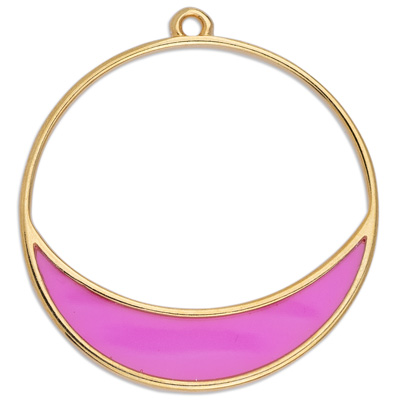 Metal pendant round, 37 x 40 mm, Vitraux, glass colour: fuchsia, gold-plated 