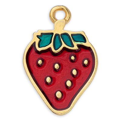 Metal pendant strawberry enamelled, 12.5 x 18.5 mm, gold-plated 