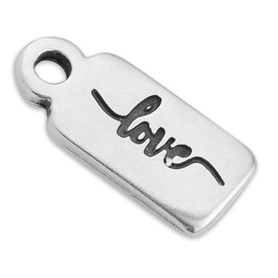 Metal pendant square with writing "Love", 7 x 15.5 mm silver-plated 