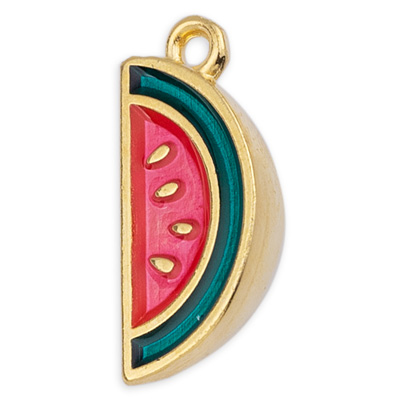 Metal pendant watermelon, enamelled, 8.5 x 18.5 mm, gold-plated 