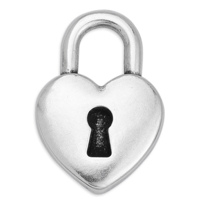 Heart-shaped metal pendant lock, 12.5 x 18.5 mm, silver-plated 