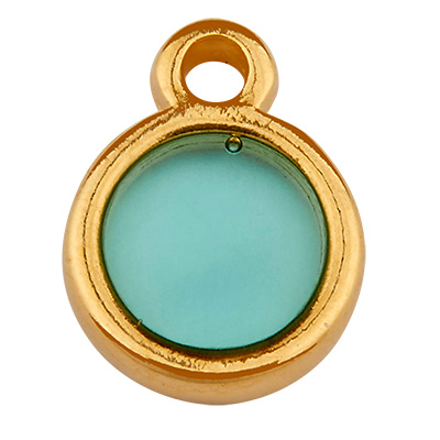 Metal pendant mini charm round, Vitraux, glass colour: turquoise blue, 8 x 11 mm, gold-plated 
