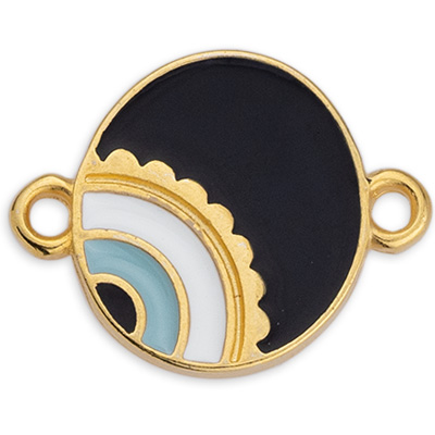 Bracelet connector round with eye motif, enamelled, 14 x 18 mm, gold-plated 