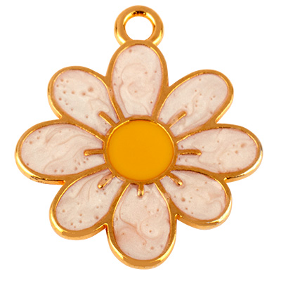 Metal pendant flower enamelled yellow-white, 20x19 mm, gold plated 