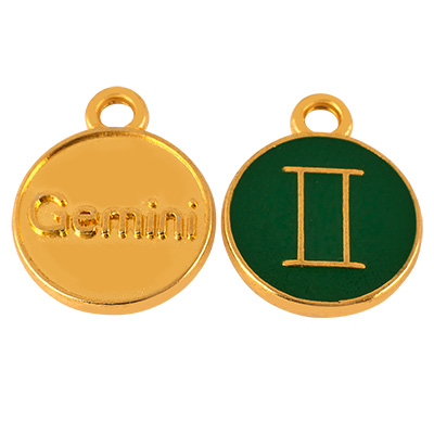 Metal pendant zodiac sign Gemini, diameter 12 mm, gold-plated, enamelled dark green 