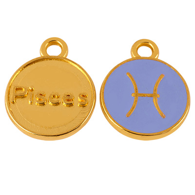 Metal pendant star sign Pisces, diameter 12 mm, gold-plated, enamelled light purple 