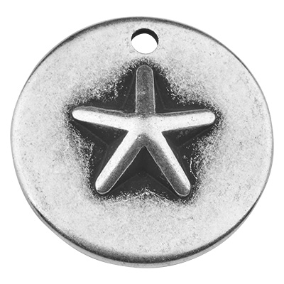 Metalen hanger rond, motief ster, verzilverd, 23 x 23,0 mm 