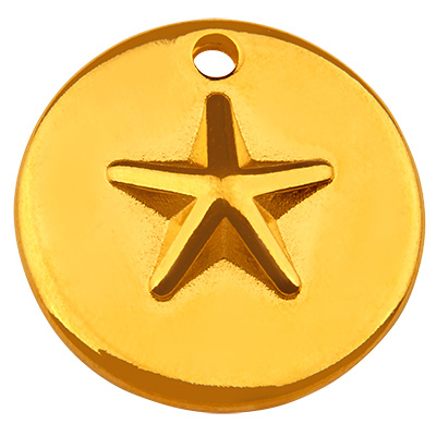 Pendentif métal rond, motif étoile, doré, 23,5 x 23,5 mm 