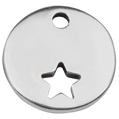 Pendentif métal rond, motif étoile, argenté, 15,5 x 15,5 mm 