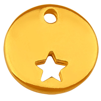 Pendentif métal rond, motif étoile, doré, 15 x 15,0 mm 