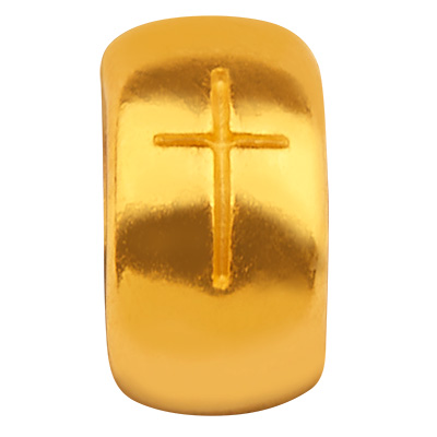 Metal bead roundel with cross, gold-plated, 3.5 x 6.5 mm 