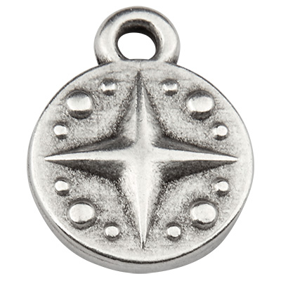 Pendentif métal rond, motif étoile, argenté, 12,5 x 9,5 mm 