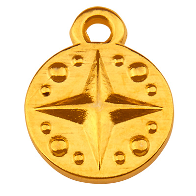 Pendentif métal rond, motif étoile, doré, 12,5 x 9,5 mm 