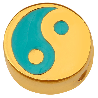 Perle métallique ronde, motif Ying Yang, doré, émaillé, 9,5 x 9,0 mm 