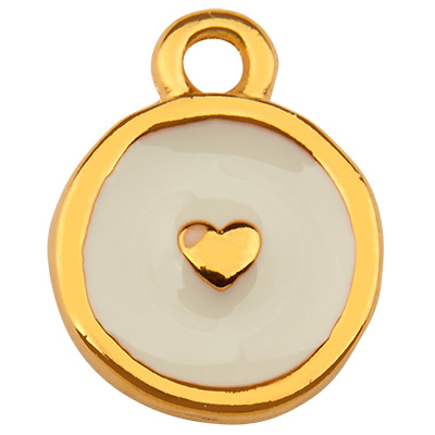 Pendentif métal rond, motif coeur, doré, émaillé, 12 x 9,5 mm 