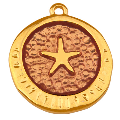 Pendentif métal rond, motif étoile de mer, doré, émaillé, 23,5 x 20,0 mm 