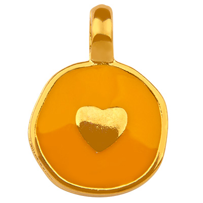 Pendentif métal rond, motif coeur, doré, émaillé, 19 x 13,5 mm 