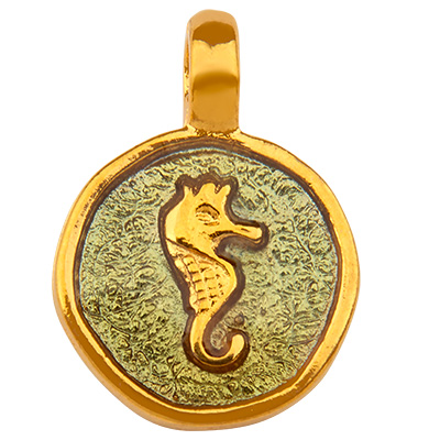 Pendentif métal rond, motif cheval de mer, doré, émaillé, 19,5 x 14,0 mm 