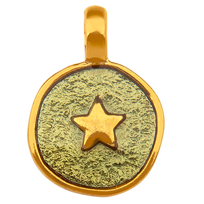 Pendentif métal rond, motif étoile, doré, émaillé, 19 x 13,0 mm 