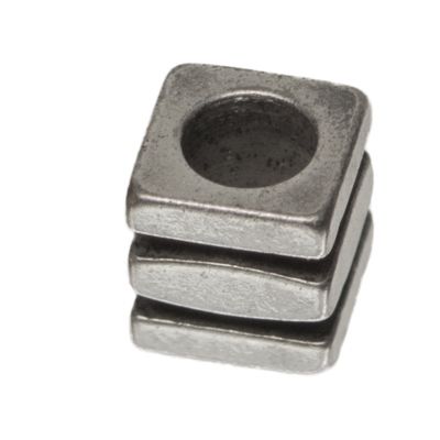 Metalen kraal kubus, ca. 5 x 4 mm, gestreept, verzilverd 
