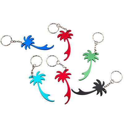 Aluminium bottle opener, shape: Palm tree, 69 x 34 mm, mixed colours, iron key ring, bag with 6 pieces 