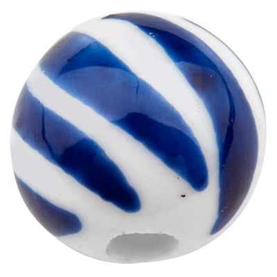 Porseleinen kraal, bol, blauw en wit gedessineerd, diameter 10 mm 