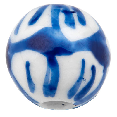 Porseleinen kraal, bol, blauw en wit gedessineerd, diameter 8 mm 