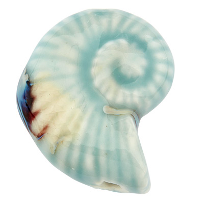 Porcelain bead antique glazed, snail, sky blue, 42 x 31,5 mm 