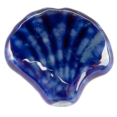Porcelain bead antique glazed, shell, dark blue, 30 x 32 mm 