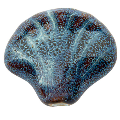 Perle en porcelaine émaillée antique, coquillage, bleu foncé, 30 x 32 mm 
