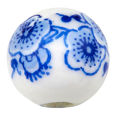 Perle en porcelaine, boule, motif bleu et blanc, diamètre environ 12 mm 