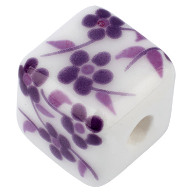 Perle de porcelaine, cube, 10 x10 mm, blanc, motif floral violet 