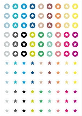 Feuille de motifs, 10 mm, rond, "étoiles", 108 motifs, modèles de cabochons 