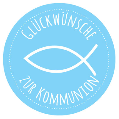 Sticker "Gefeliciteerd met je communie", blauw, rond, diameter 50 mm 