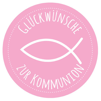 Sticker "Gefeliciteerd met je communie", roze, rond, diameter 50 mm 